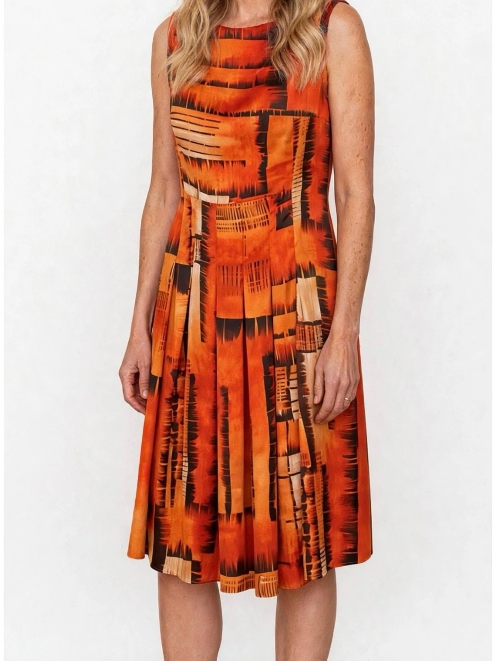 Jones New York Orange and Black Printed Sleeveless Dress
